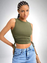 OLIVE DRAWSTRING RUCHED SIDE CROP TANK TOP