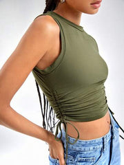 OLIVE DRAWSTRING RUCHED SIDE CROP TANK TOP