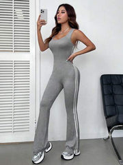 GREY CASUAL SPORTY SIDE STRIPED SLEEVELESS FLARED JUMPSUIT