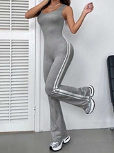 GREY CASUAL SPORTY SIDE STRIPED SLEEVELESS FLARED JUMPSUIT
