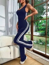 NAVY CASUAL SPORTY SIDE STRIPED SLEEVELESS FLARED JUMPSUIT