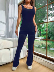 NAVY CASUAL SPORTY SIDE STRIPED SLEEVELESS FLARED JUMPSUIT