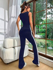 NAVY CASUAL SPORTY SIDE STRIPED SLEEVELESS FLARED JUMPSUIT