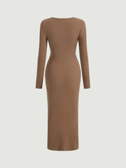 BROWN SQUARE NECK SPLIT THIGH DRESS