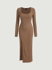 BROWN SQUARE NECK SPLIT THIGH DRESS