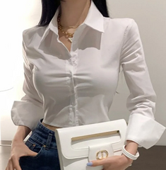 WHITE SOLID BUTTON FRONT CROP SHIRT