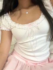 FAIRYCORE KAWAII LACE TRIM SHORT SLEEVE CROP TOP