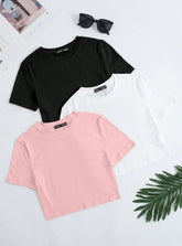 3PCS SOLID CROP ROUND NECK SHORT SLEEVE CASUAL T-SHIRTS