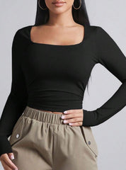 SQUARE NECKLINE LONG SLEEVE RUCHED SIDE CROP TEE