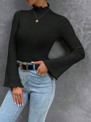 MOCK NECK LETTUCE TRIM TRUMPET SLEEVE RIBBED KNIT TEE