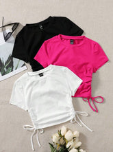 MULTICOLOR 3PCS DRAWSTRING SIDE ROUND NECK T-SHIRTS