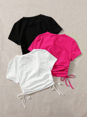 MULTICOLOR 3PCS DRAWSTRING SIDE ROUND NECK T-SHIRTS