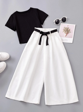 BLACK AND WHITE TWEEN GIRL ROUND NECK TOP & BELTED WIDE LEG PANTS