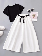 BLACK AND WHITE TWEEN GIRL ROUND NECK TOP & BELTED WIDE LEG PANTS
