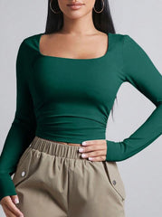 SQUARE NECKLINE LONG SLEEVE RUCHED SIDE CROP TEE