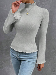 MOCK NECK LETTUCE TRIM TRUMPET SLEEVE RIBBED KNIT TEE
