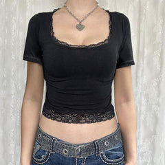 CONTRAST LACE SLIM FIT SHORT SLEEVE CASUAL T-SHIRT