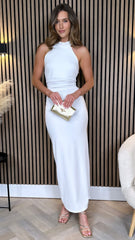 WHITE HALTER NECK TIE DETAIL MIDI BODYCON DRESS