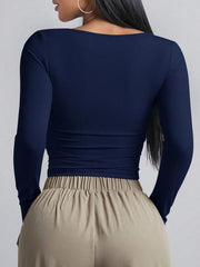 SQUARE NECKLINE LONG SLEEVE RUCHED SIDE CROP TEE