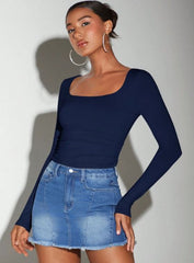 SQUARE NECKLINE LONG SLEEVE RUCHED SIDE CROP TEE