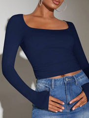 SQUARE NECKLINE LONG SLEEVE RUCHED SIDE CROP TEE