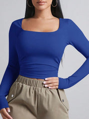 SQUARE NECKLINE LONG SLEEVE RUCHED SIDE CROP TEE