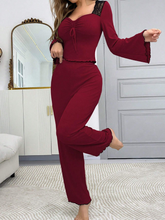 Women DRAWSTRING WAIST RUCHED FLARED LONG SLEEVE PAJAMA SET