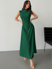 ELEGANT RUCHED STAND COLLAR SLEEVELESS A-LINE MAXI DRESS