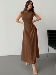 ELEGANT RUCHED STAND COLLAR SLEEVELESS A-LINE MAXI DRESS