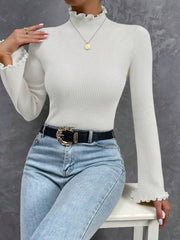 MOCK NECK LETTUCE TRIM TRUMPET SLEEVE RIBBED KNIT TEE