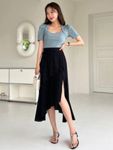 SOLID PUFF SLEEVE RIBBED KNIT TEE