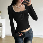 SQUARE NECK RUFFLED TRIM BOW ACCENT SLIM FIT CROP TOP