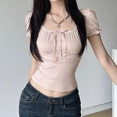 PUFF SLEEVE SQUARE NECK RUFFLED TRIM BOW ACCENT SLIM FIT CROP TOP