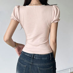 PUFF SLEEVE SQUARE NECK RUFFLED TRIM BOW ACCENT SLIM FIT CROP TOP