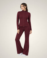 WOMEN’S WINE ZIP-UP SPORTS JACKET & FLARED PANTS SET – 2 PIECE GYM WEAR TRACKSUIT