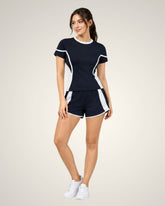 CONTRAST PIPING SHORT SLEEVE ACTIVEWEAR SHORTS SET
