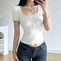 PUFF SLEEVE SQUARE NECK RUFFLED TRIM BOW ACCENT SLIM FIT CROP TOP