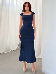 SOLID COLOR SIMPLE DAILY SQUARE NECKLINE DRESS