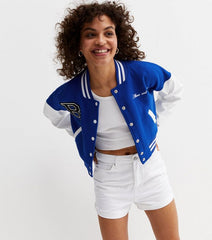 ROYAL BLUE CROP CONTRAST SLEEVE VARSITY JACKET