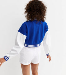 ROYAL BLUE CROP CONTRAST SLEEVE VARSITY JACKET