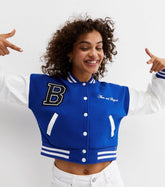 ROYAL BLUE CROP CONTRAST SLEEVE VARSITY JACKET