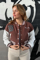 BROWN CROP CONTRAST SLEEVE VARSITY JACKET