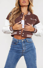 BROWN CROP CONTRAST SLEEVE VARSITY JACKET
