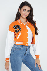 ORANGE CROP CONTRAST SLEEVE VARSITY JACKET
