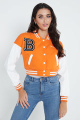 ORANGE CROP CONTRAST SLEEVE VARSITY JACKET