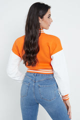 ORANGE CROP CONTRAST SLEEVE VARSITY JACKET