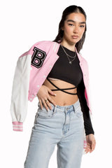 PINK CROP CONTRAST SLEEVE VARSITY JACKET
