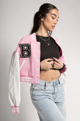 PINK CROP CONTRAST SLEEVE VARSITY JACKET