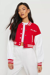RED CROP CONTRAST SLEEVE VARSITY JACKET