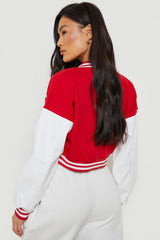 RED CROP CONTRAST SLEEVE VARSITY JACKET